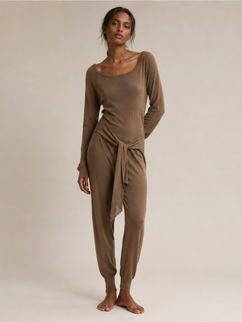 Majorelle Camel Knit Jumpsuit XS Tie Waist